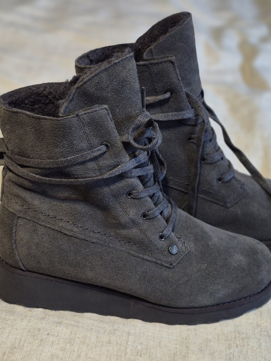 BearPaw Shoes - BearPaw Women's Lace-Up Suede, Wool And Sheepskin Ankle Boots in Dark Gray